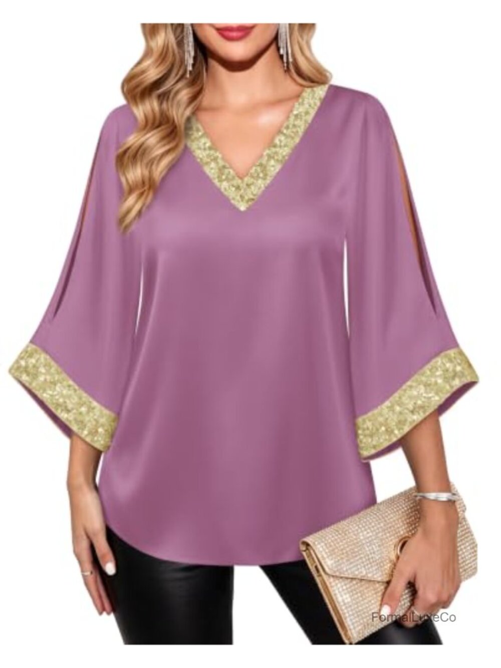 Womens Satin Sequin Split Sleeve V Neck Dressy Tunic Blouse